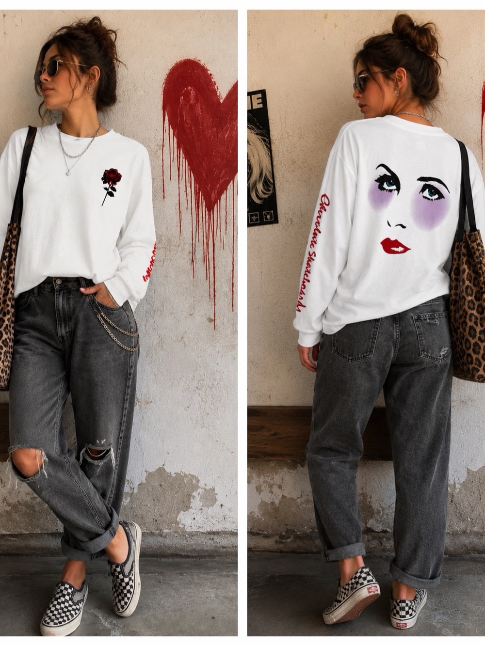 Chocolate |White Graphic Long Sleeve T-Shirt – Rose Front & Face Graphic Back. M